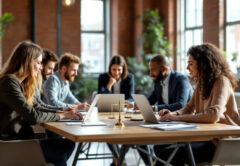 Legal-Tech-Team arbeitet gemeinsam an Laptops in einem modernen Büro