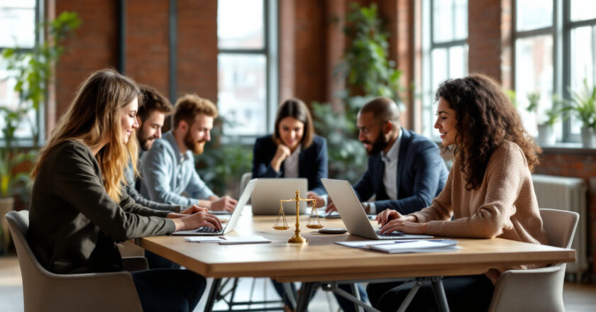 Legal-Tech-Team arbeitet gemeinsam an Laptops in einem modernen Büro