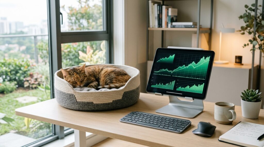 Katze im Designer-Katzenbett neben Tablet mit Finanzcharts – Heimtiermarkt als Investment