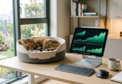Katze im Designer-Katzenbett neben Tablet mit Finanzcharts – Heimtiermarkt als Investment