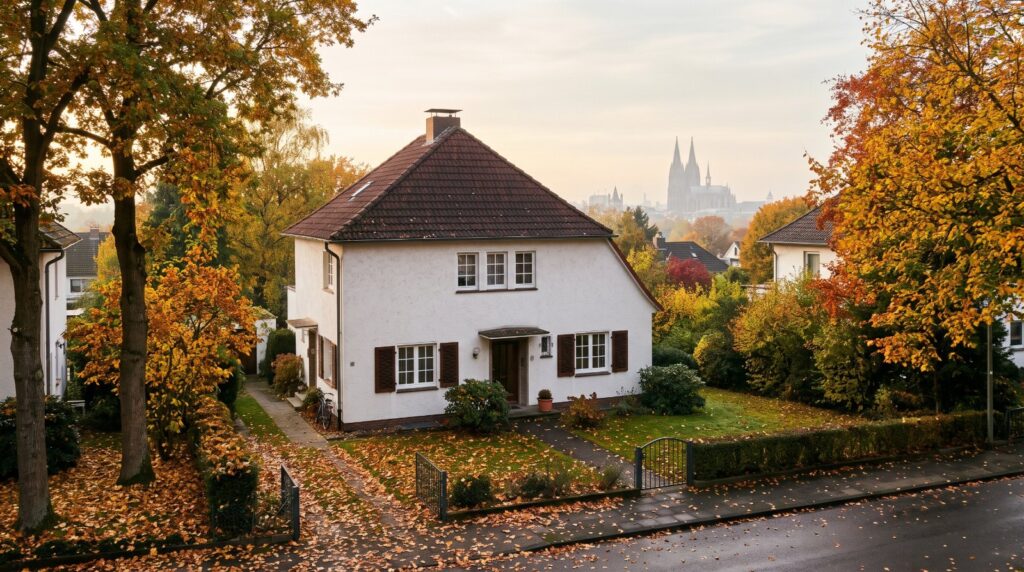 Einfamilienhaus im Herbst in einem Kölner Vorort mit dem Kölner Dom im Hintergrund