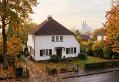 Einfamilienhaus im Herbst in einem Kölner Vorort mit dem Kölner Dom im Hintergrund
