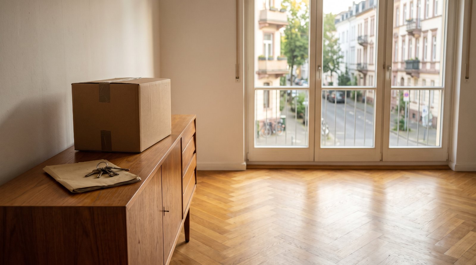 Leeres Wohnzimmer mit Umzugskarton, Hausschlüsseln und Unterlagen auf einem Sideboard: geerbte Immobilie in Köln