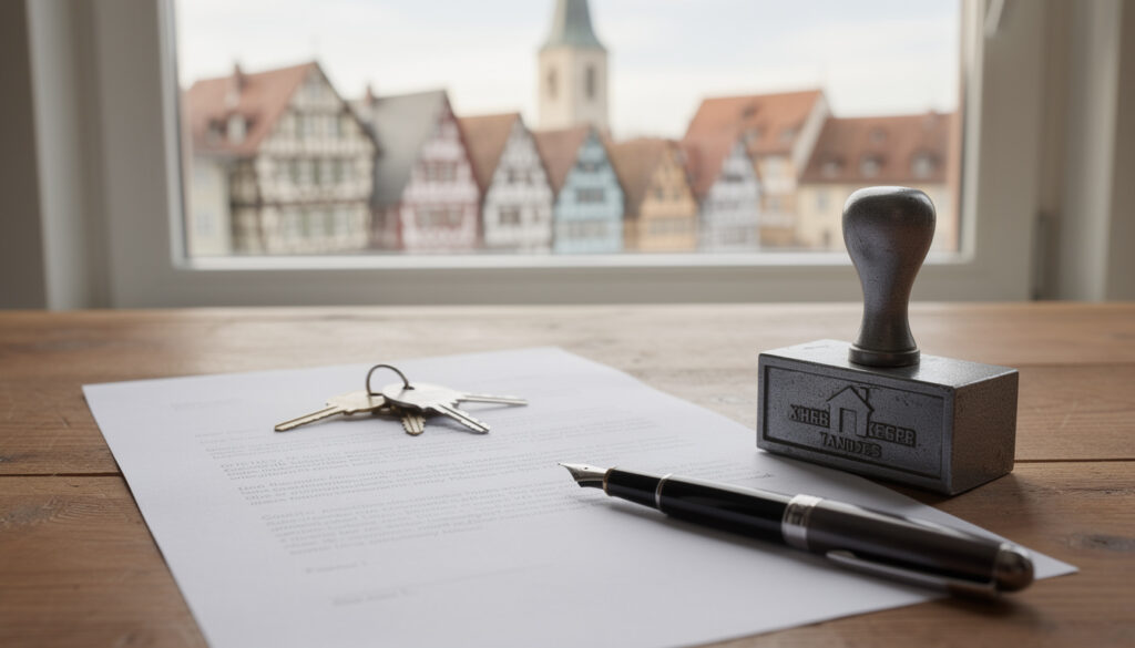 Kaufvertrag, Füller, Notarstempel und Hausschlüssel auf einem Schreibtisch vor historischer Altstadtkulisse